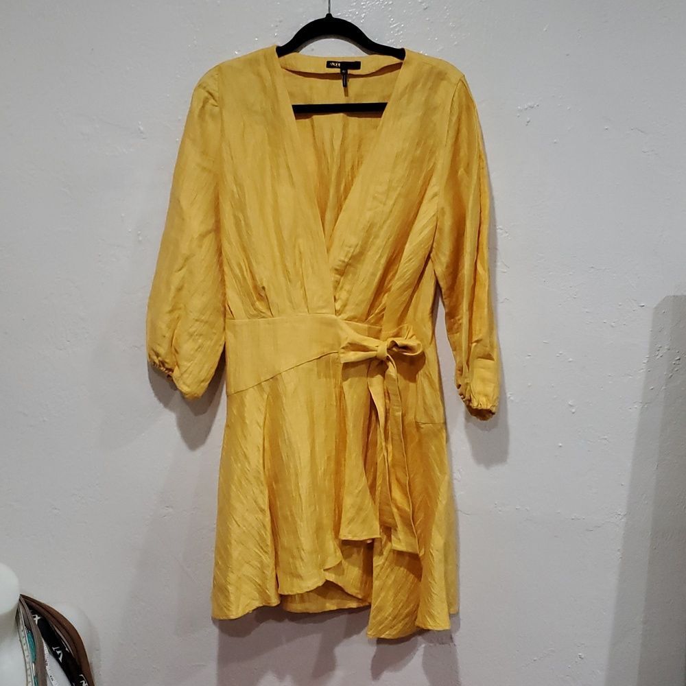 Maje Rifilo Yellow Linen Wrap Dress Size 42 Or 8 - Picture 4 of 16